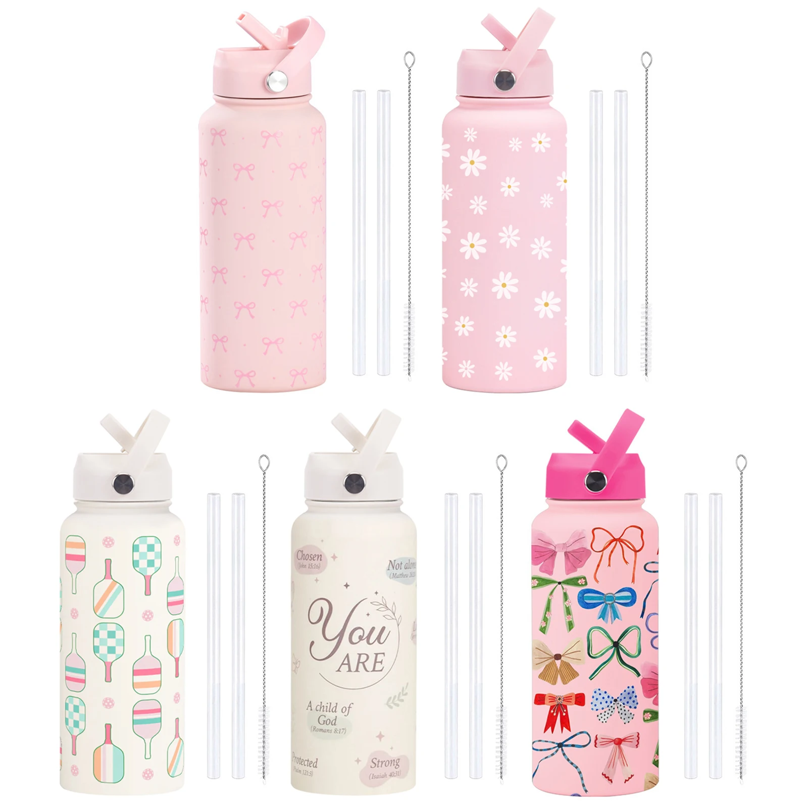 

1L Insulated Water Bottle with Flip Straw and Handle Pink Bow Vacuum Insulated Thermoses Sports Bottle for Travel Gym and School