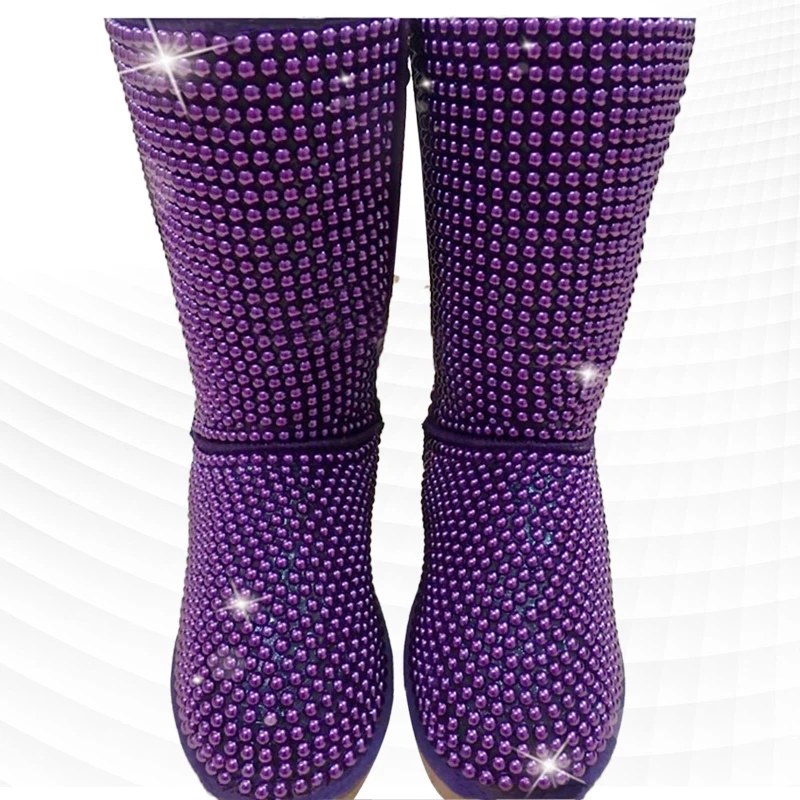 Purple high cylinder pearl rhindiamonds banquet party fur one snow boots hand custom thick women's cotton shoes 35-44