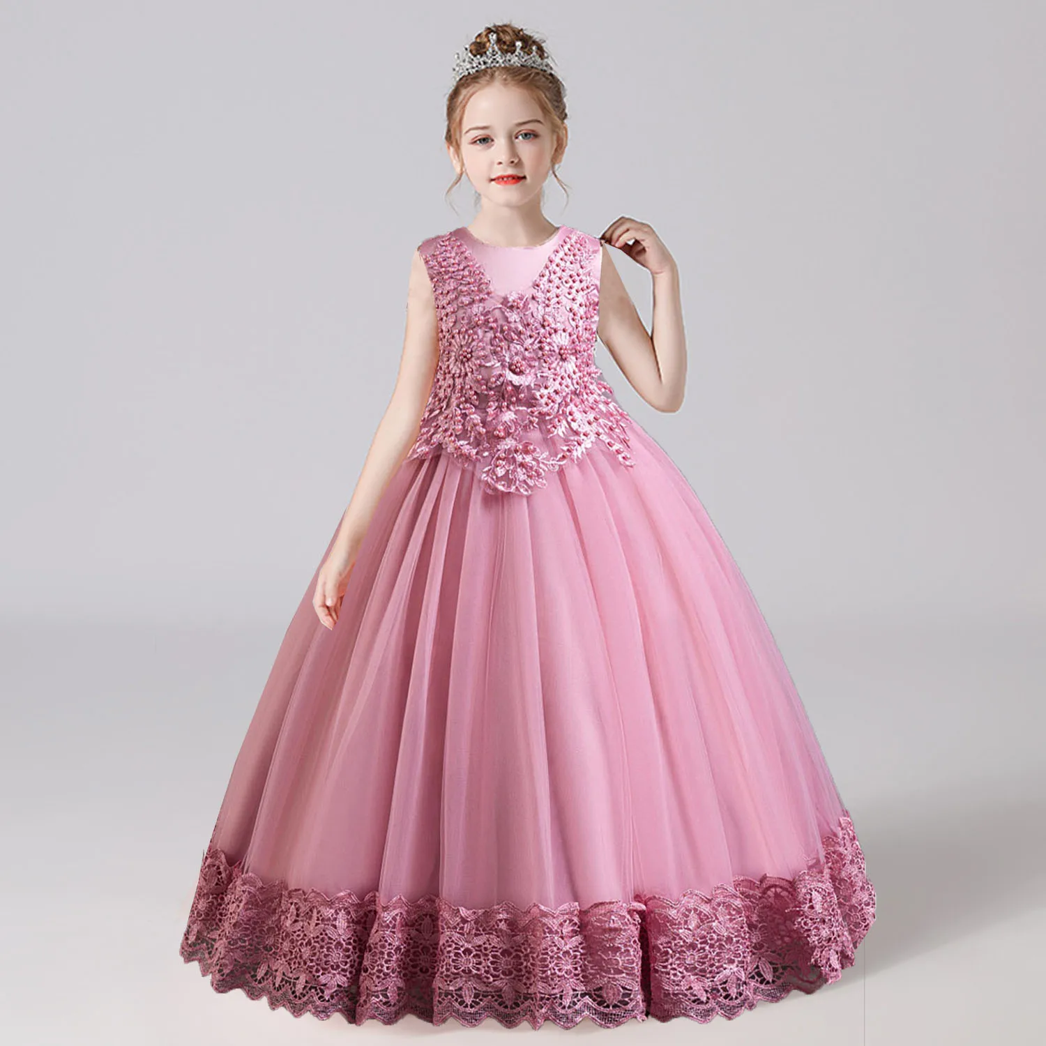 

AmyStylish 4-10 Years Little Big Girls Lace Embroidered Flower Girl Birthday Party Formal Pageant Performance Dress