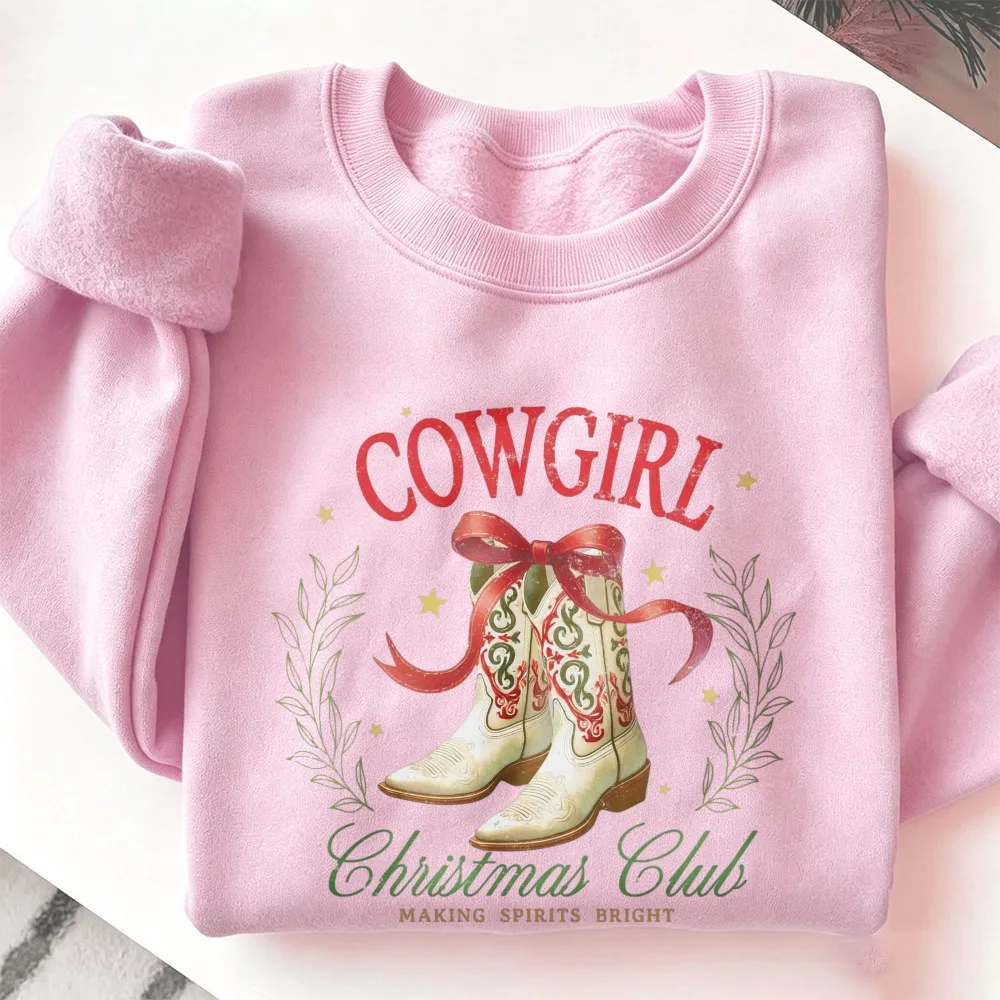 Cowgirl Christmas Club Making Spirits Bright White Western Cowboy Boots Bow Leaf Star Print Pullover Xmas Country Holiday Tops