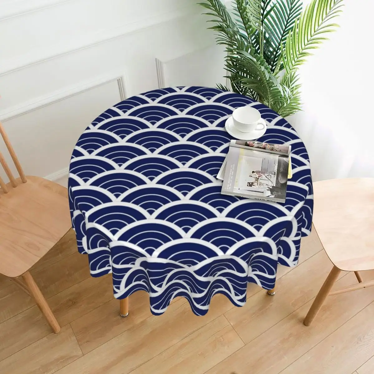 Seigaiha Print Round Tablecloth Vintage Blue Wave Printed Table Cover For Living Room Dining Retro Protector Table Cover