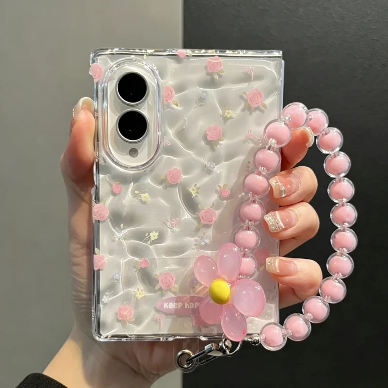 Korean Cute Pink Floral Wrinkles Clear Case With Flowerr Beads Hand Chain For Samsung Galaxy Z Fold 8 Ultra 7 6 5 5G Back Cover
