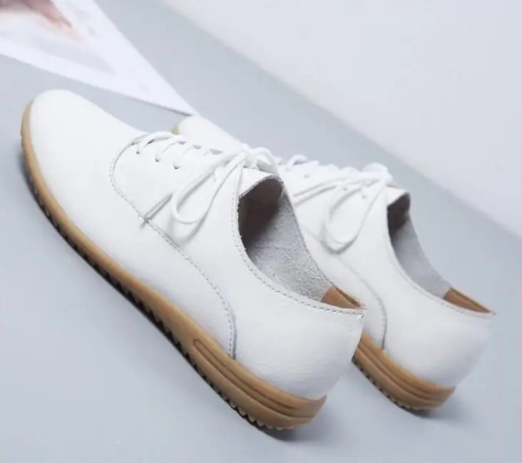 New Genuine Leather Shoes Woman Soft shoes for Women Flats shoes size 36-41 Ladies Lace Up Non-Slip Loafers