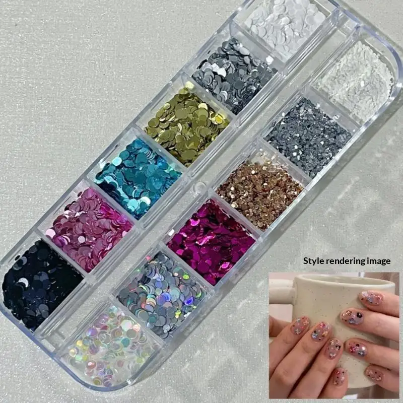 12 Grids Round Dot Floral Nail Art Sequins With Shiny Glitter Various Colors For Home DIY Nail Salon Manicure Decoration