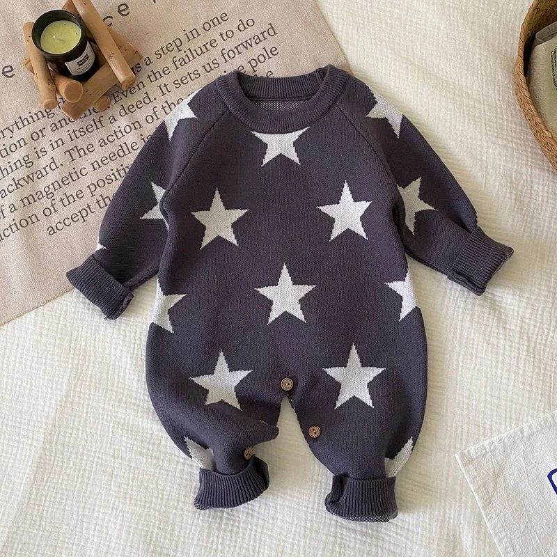 جديد ربيع 2026 جمبسوت محبوك للفتيات الصغيرات بأكمام طويلة مطبوع عليه طفل رضيع فتاة رومبير محبوك ملابس الأطفال