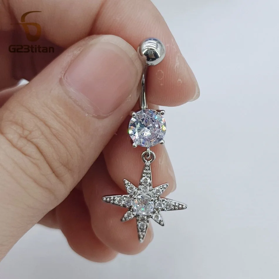 G23titan Eight Pointed Star Belly Button Ring Zircon 14G Titanium Steel Women Sexy Body Piercing Arab Islam Style Navel Jewelry