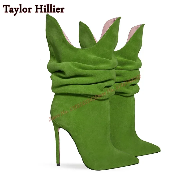 Suede Pleated V-Neck Short Boots Pointed Toe Stiletto Slip-On Autumn Fashion Boots Fashionable Casual Rose Red Short Boots  47
