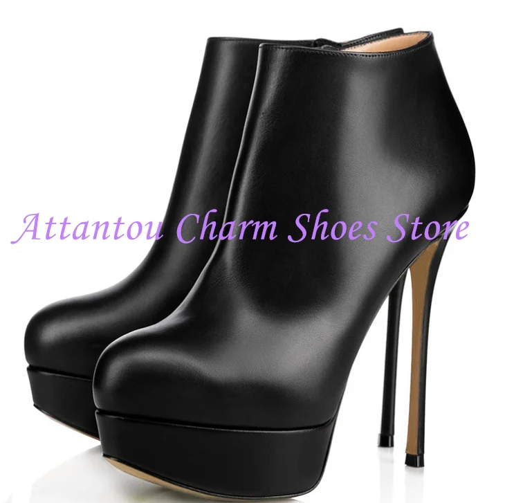 

Черные кожаные ботильоны на платформе, женские модные женские короткие сапоги на тонком каблуке с круглым носком, модельные туфли, большие размеры, банкетные туфли-лодочки на каблуке