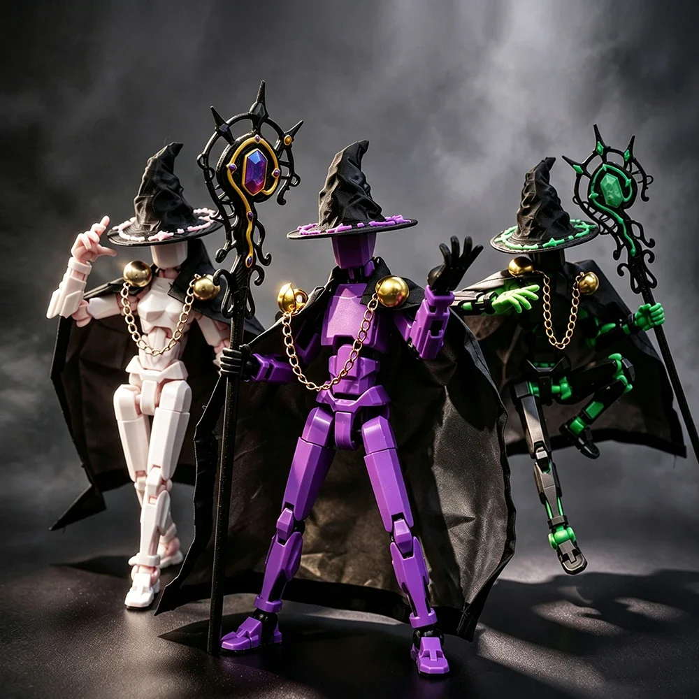Multi Joint Wizard Action Figure Robot Toy with Magic Staff Cape Hat Movable Articulated Doll Desktop Decoration Collectible