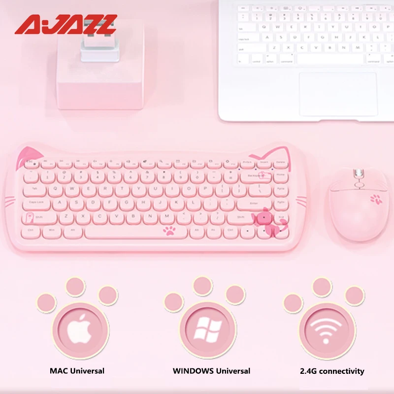 AJAZZ A3060 2.4G Portable Wireless Keyboard and Mouse USB Computer Keyboard Girls Cute Keyboard Set for Tablet Keyboard Children