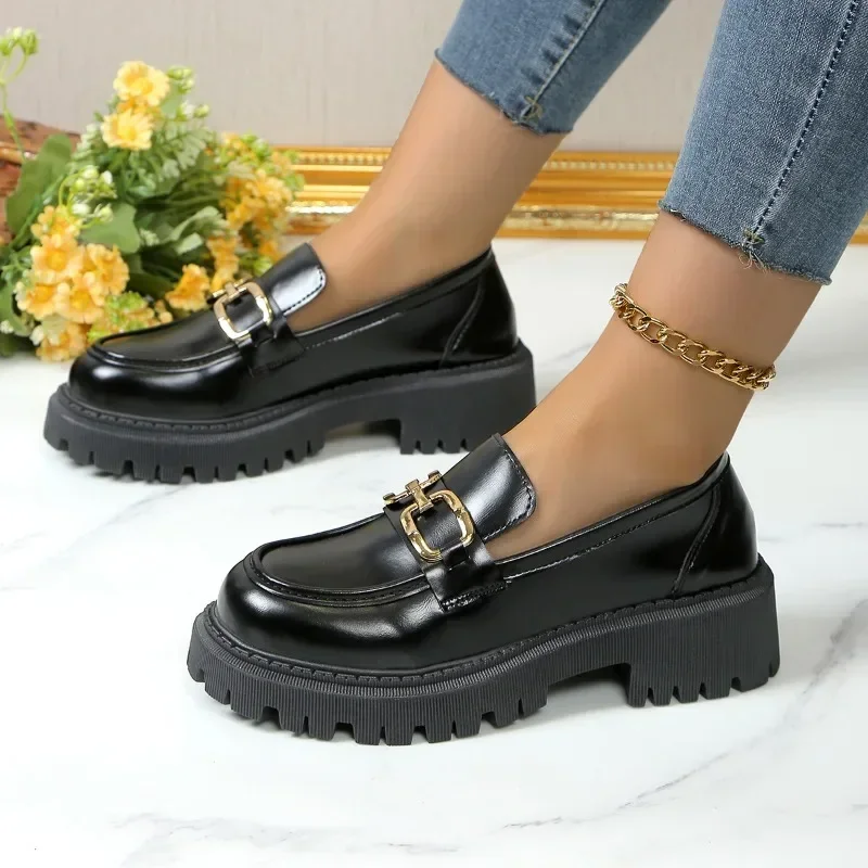 2024 Female Shoes Women Fashion Mary Janes Round Toe Flats Loafers Oxfords Platform Casual Metal Chain Buckle Ladies Heels Black