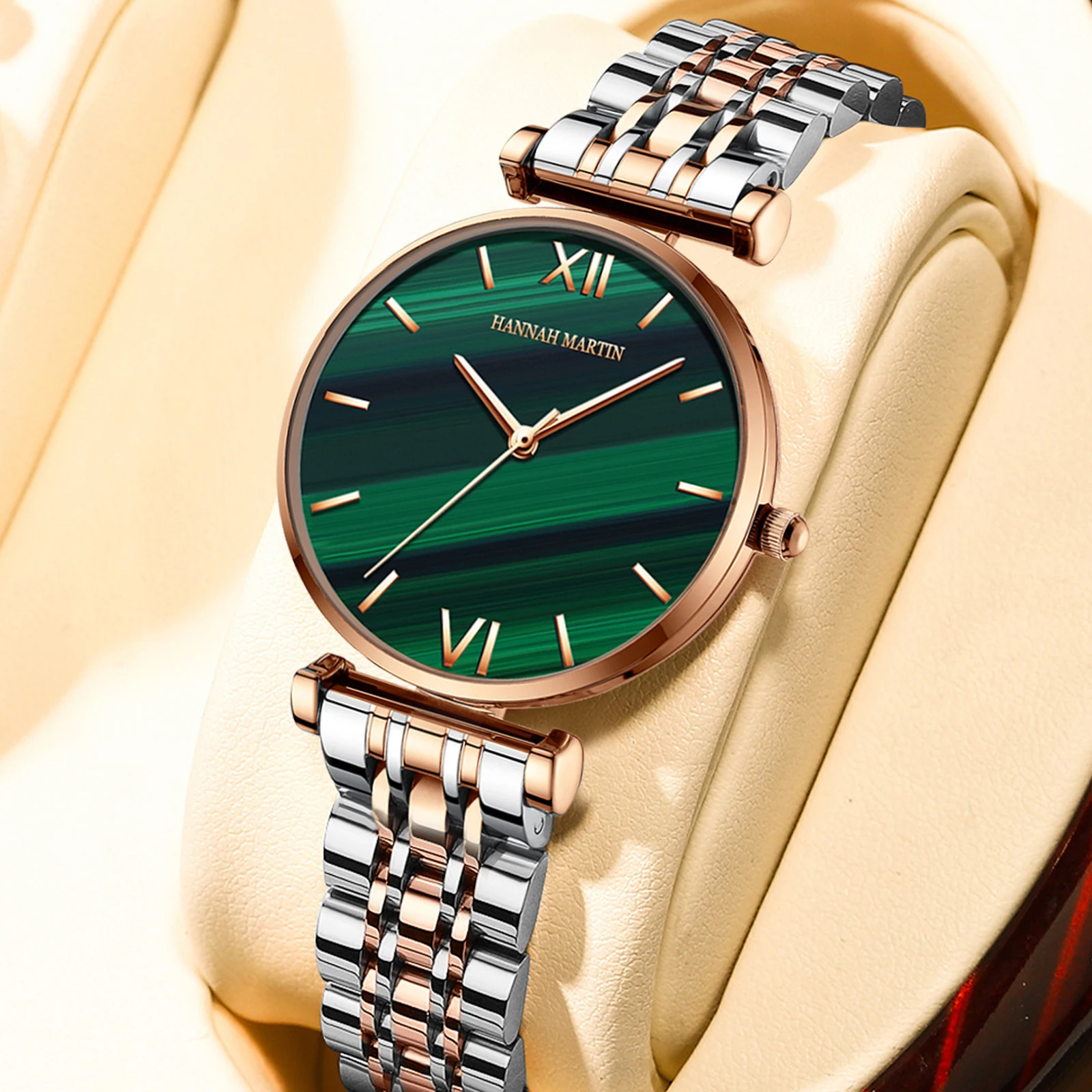 Women Fashion Casual Watches Green Malachite Dial Ladies Japanese Quartz Wristwatch Stainless Steel Strap Waterproof Watches