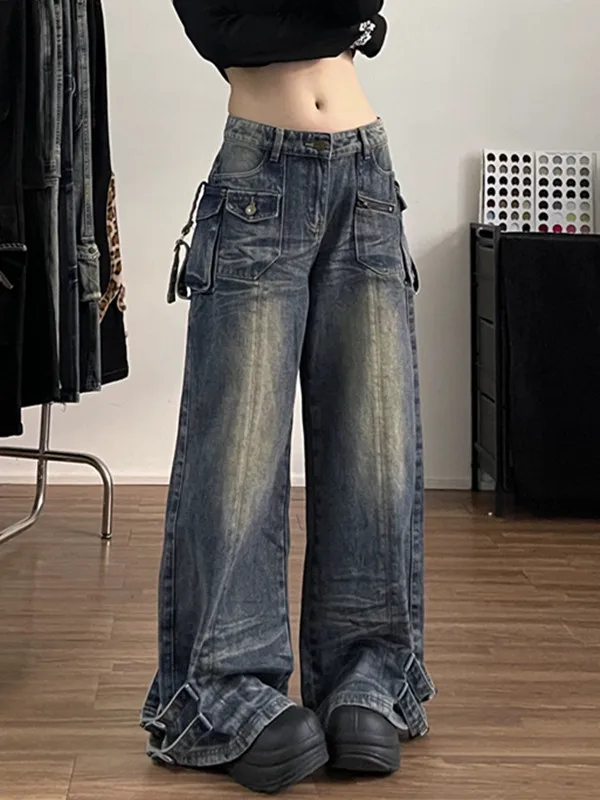 

Women's Blue Washed Distressed Jeans American Loose Y2k Cowboy Pants Vintage Harajuku Baggy Denim Trouser Cargo Wide Leg Jeans