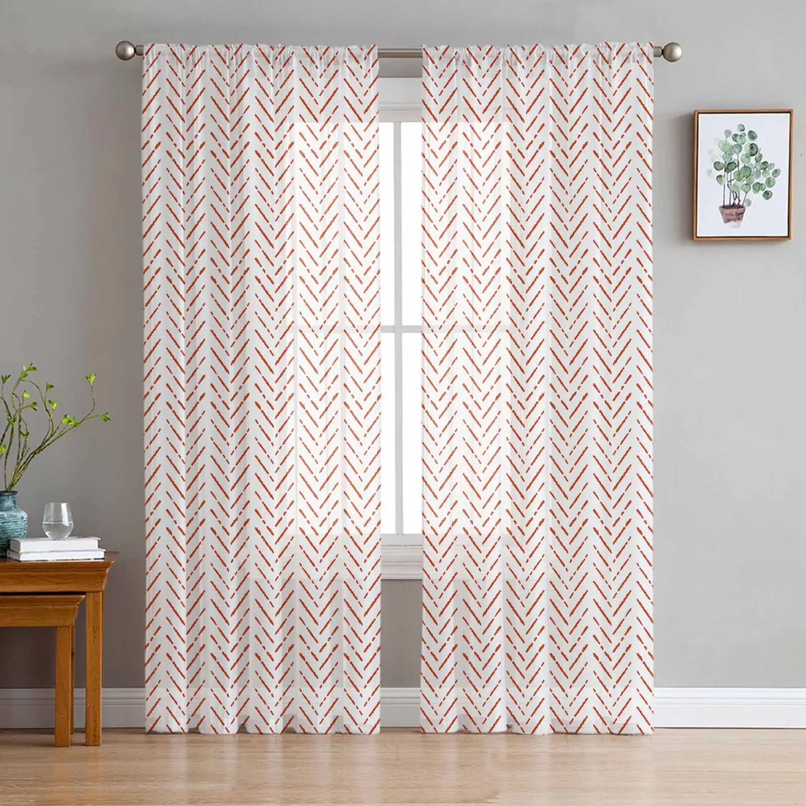 Modern Art Minimalist Line Texture Caramel Orange Sheer Curtains for Bedroom Living Room Voile Window Curtains Tulle Drapes