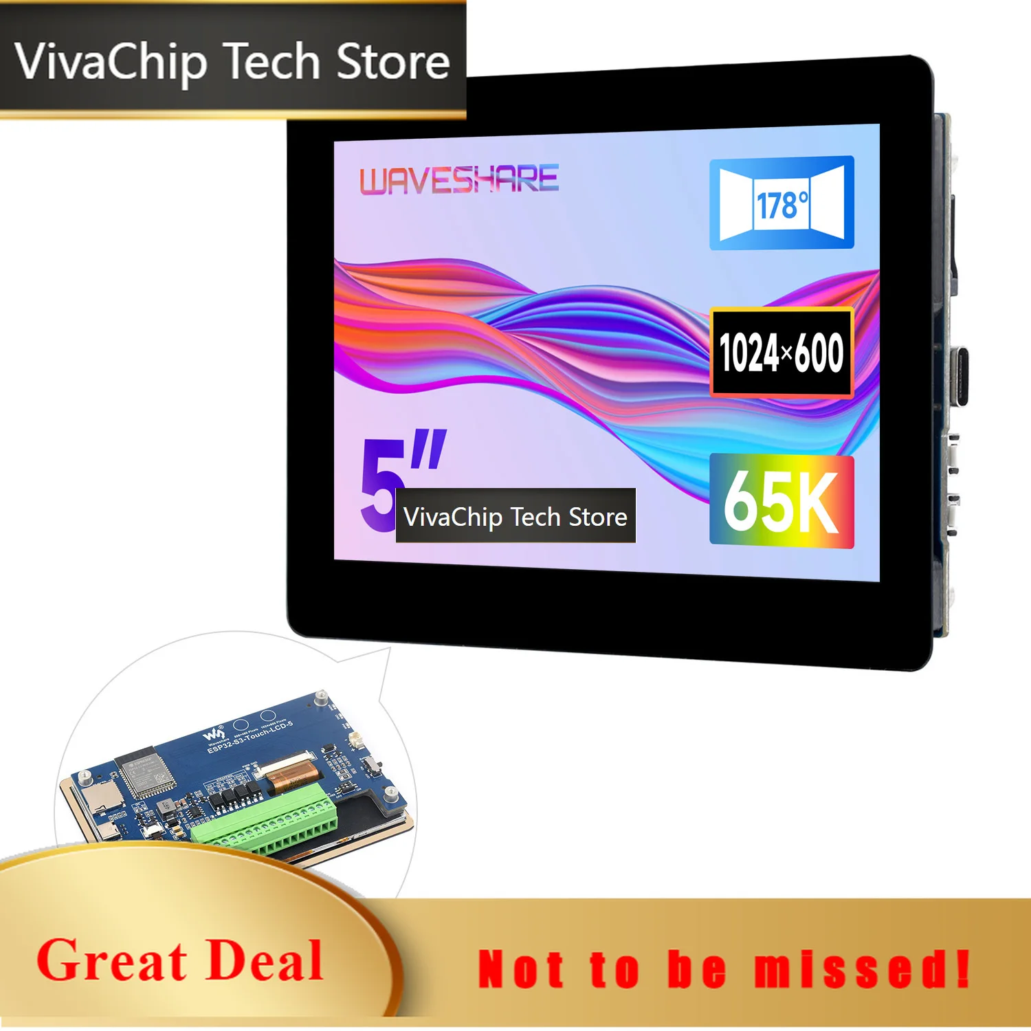 VivaCTWaveshare ESP32-S3 5inch Capacitive Touch Display Development Board, 5-Point, 32-Bit LX7 Dual-Core Processor, Supports WiF