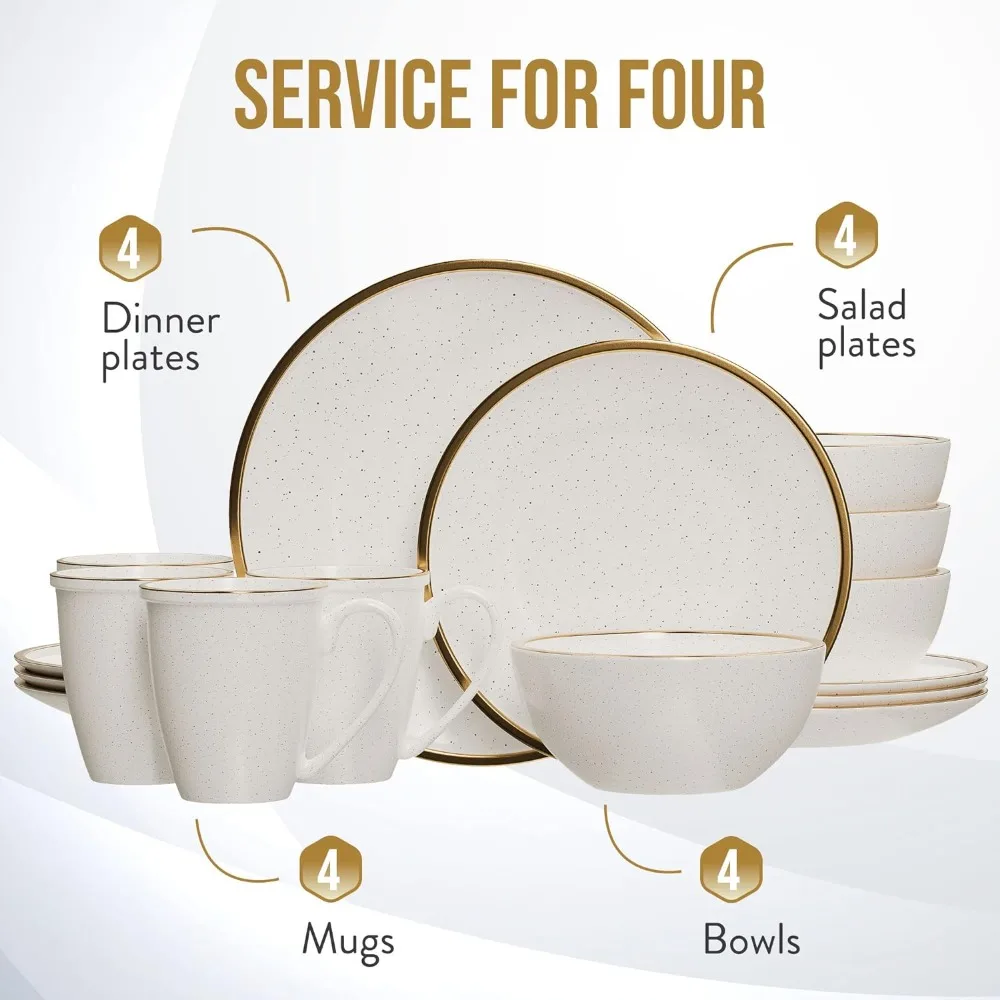 

16-Piece White and Gold Dinnerware Set, Party Collection 4 Dinner Plates Salad Plates Bowls Mugs