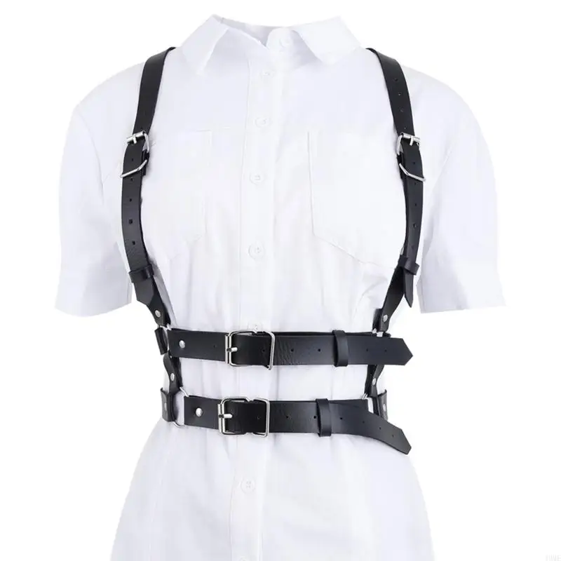 49ME Punk Style PU Leather for Body Harness Belt Adjustable Holes Straps Waist Belts Chain Suspenders for Women Teenagers Dai