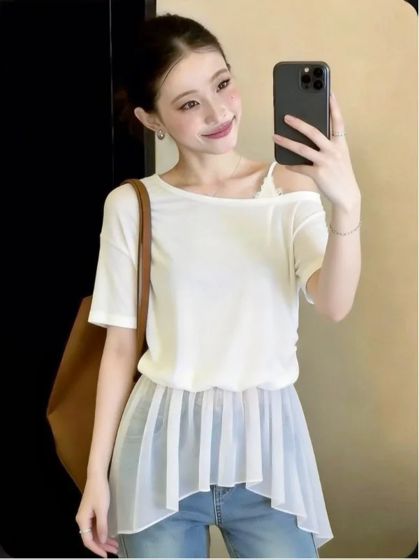 

Loose Fashionable Korean Style plus Size T-Shirt with Lace Splice Design Shoulder Bared Casual Wear for plus Size Women