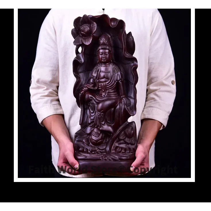 50cm Large HOME SHOP home decor Talisman Bless family safe GOOD LUCK Lotus Guanyin buddha Ebony wood HAND carving art statue