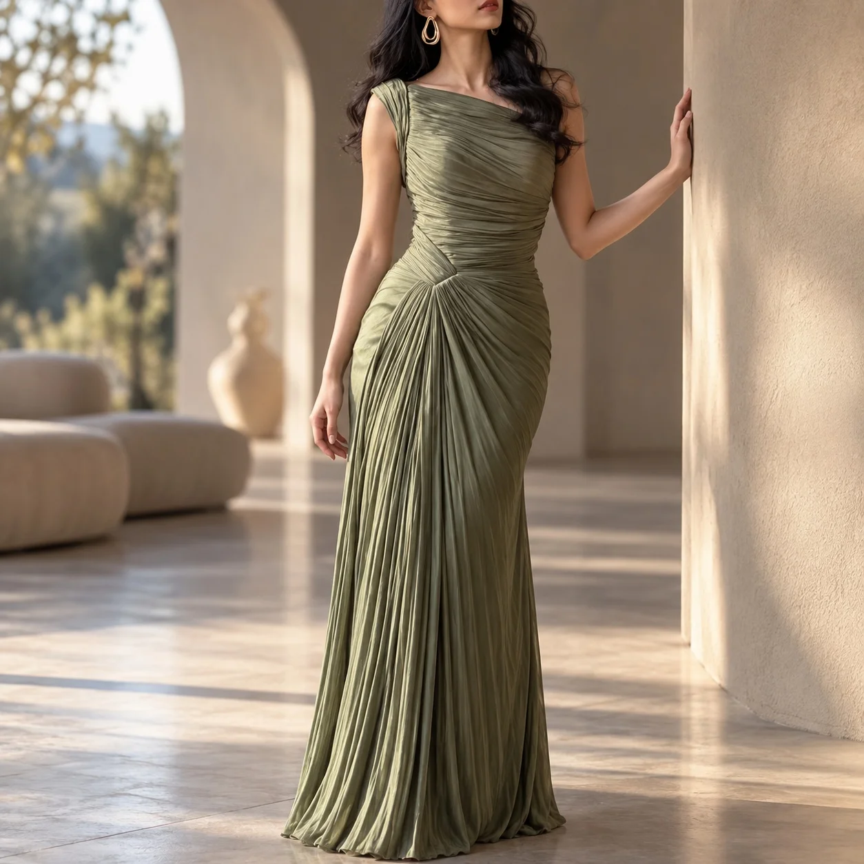 Pleated Ribbon Gown Maxi Length Elegant with One Shoulder Sleeveless Long Skirt Midi Waist Winter Pleated Dress for Women