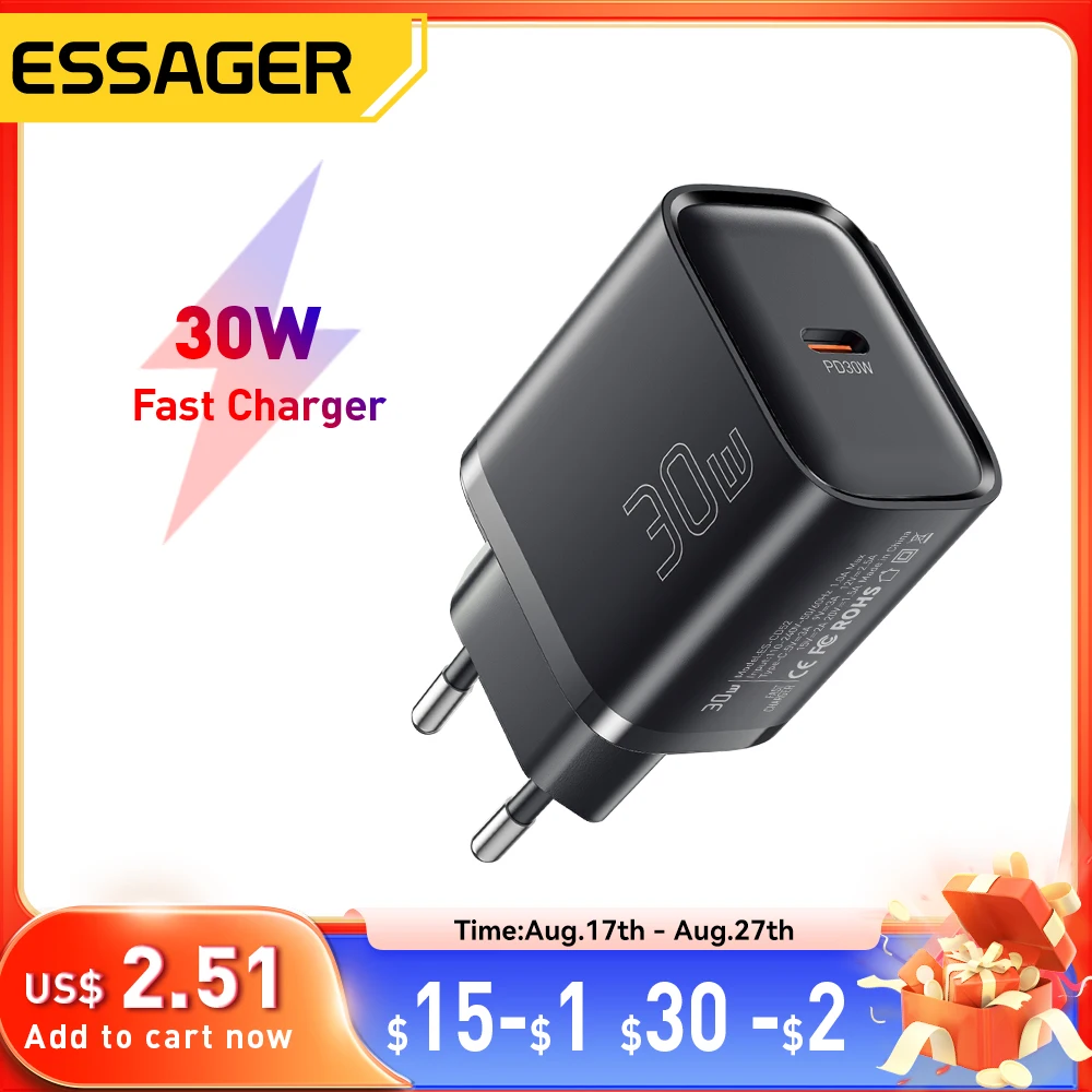 Essager 30W Fast Charger PD Charger For iPhone 16 15 14 13 Huawei Quick Charger PD3.0 QC3.0 Phone Charger Type C Tablets Charger