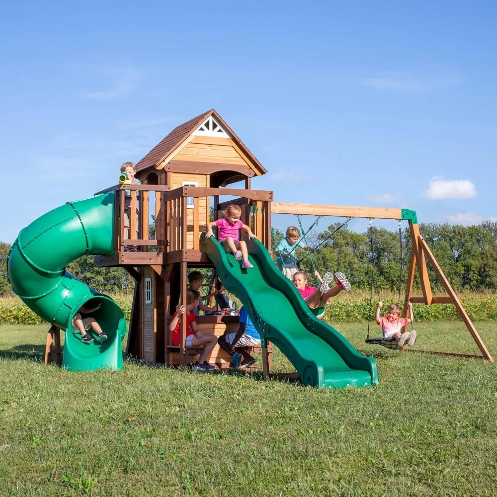 Cedar Cove Wood Swing Set, Playground Fort, Chalkboard, Telescope, Dual Slide, Kitchenette, Wide Swing Lanes