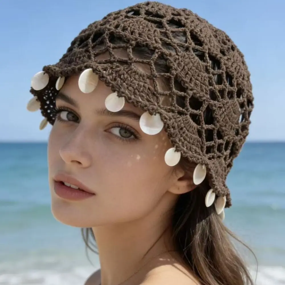 Cute Elegant Hollowed Out Knitted Hat Thin Ethnic Style Shell Tassels Hat Korean Solid Color Crochet Weave Cap Girls