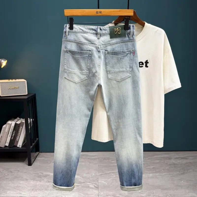 Slim Skinny Long Denim Jeans with Vintage Gradient Pattern for Men, Trendy American Street Style for Everyday Wear