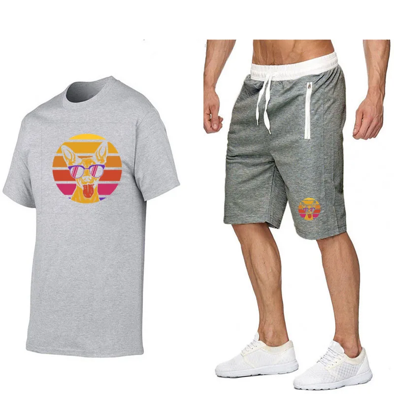 Summer Cotton Shorts Set Men Two Piece Mens Outfits Cotton Printed Tshirt Shorts 2 Piece Set Gym Sport Suits Fitness Sportswear