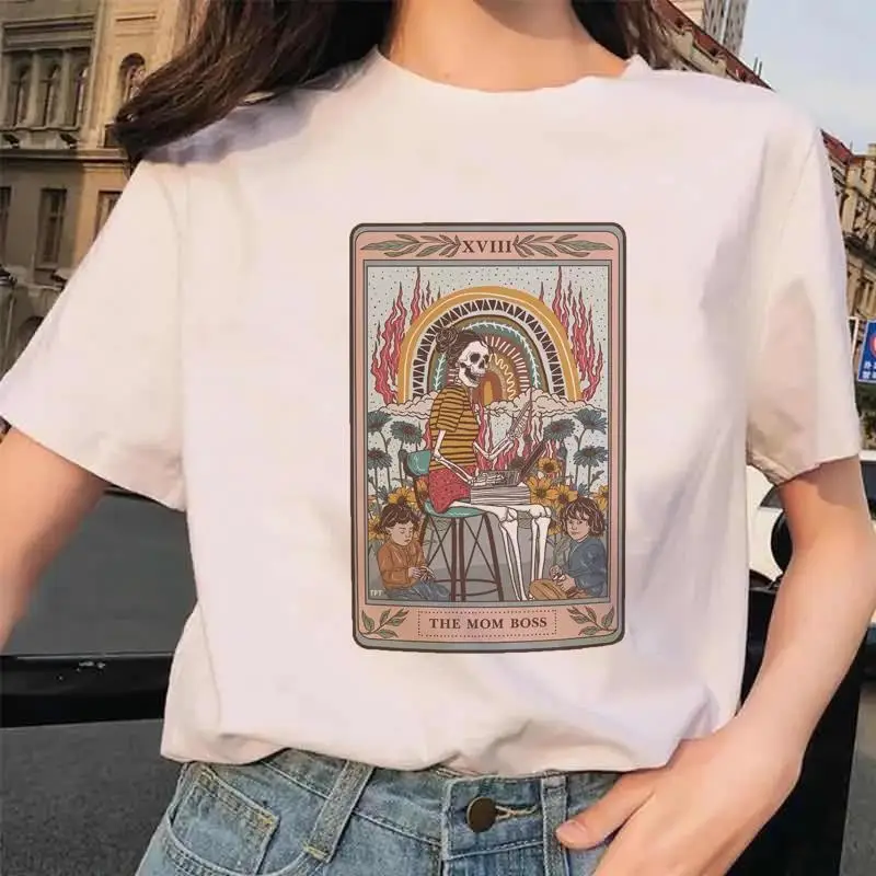 Karty do tarota kwiat zabawny czas wydruk graficzny T Shirt moda na co dzień wycięcie pod szyją krótki rękaw Plus rozmiar T Shirt kobiet