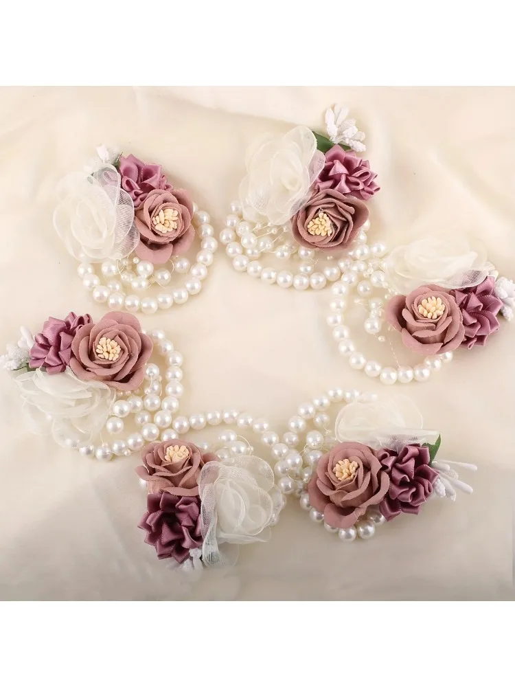 * 6 ชิ้นเพื่อนเจ้าสาวดอกไม้ข้อมือเจ้าสาวใหม่เกาหลีงานแต่งงานน้องสาวที่เรียบง่ายมือพวงมาลัยฉลองงานแต่งงานบทความข้อมือเสื้อยกทรง