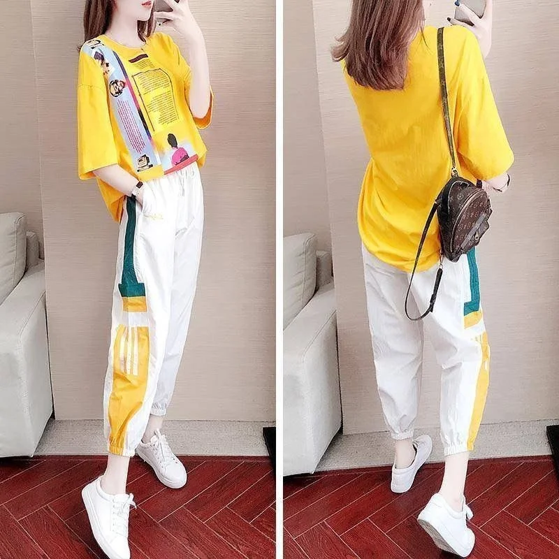 Women\'s Casual Sweat Suits Plus Size Clothing 2024 Summer New Fashion Loose Korean Pants Short Sleeve Top 2 Two Piece Set Ladies