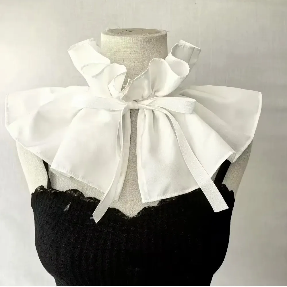 Ribbon Tie Detachable False Collar Lace Up Polyester Faux Ruffled Shawl Ruff High Neck White Pleated Retro Fake Stand Collar