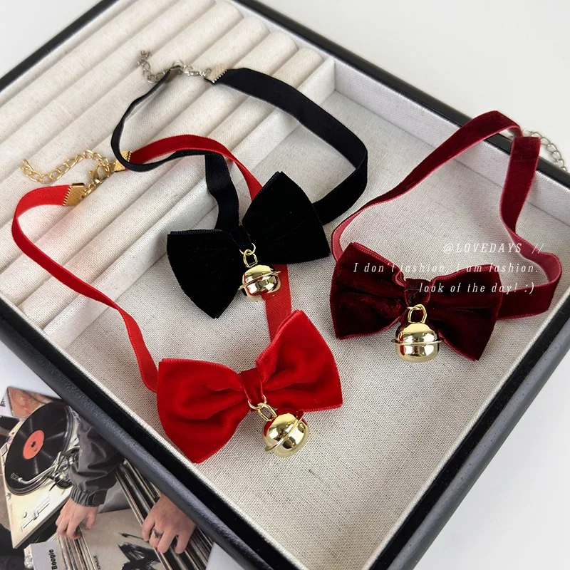 Velvet Bow Bell Choker for Women Christmas Date Night Necklace Wine Red Delicate Hypoallergenic Soft Lightweight
