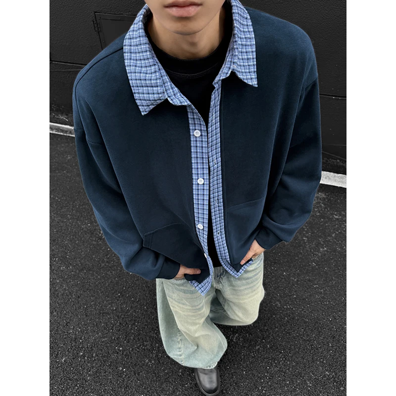 

American Retro Men's Hoodie Cardigan Spring Plaid Splicing Design Lazy Sle Couple Turn-down Collar Jaet Fake Two-Piece