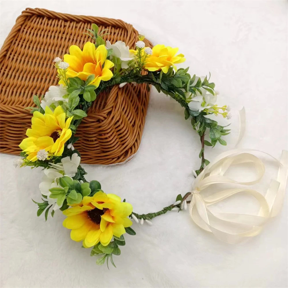 Sunflower Crown Headband Bohemia Handmade Floral Hairbands Girls Yellow Bouquet Flowers Hair Garlands Crown Festival Tiaras