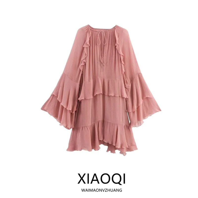 فستان نسائي بتصميم أنيق من ديزاين سينسيشن، موضة خريف 2025، بأكمام جرسية وتصميم هيم مطوي، مع ربطة عنق، فستان طويل الأكمام للاس...