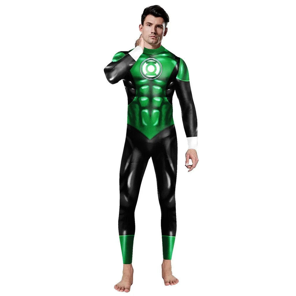 Disfraz de Cosplay de Halloween para hombres y mujeres, mono con estampado 3D de calavera muscular de cuerpo humano, Linterna Verde