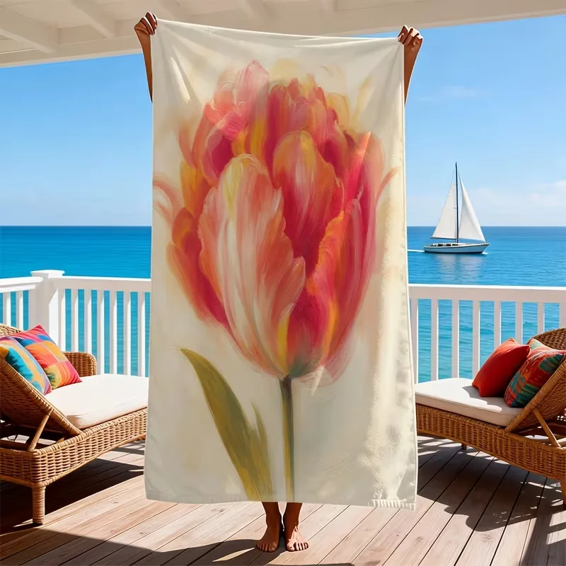 Oil Painting Tulip Beach Towel Soft Floral Art Print Quick Dry Sandproof Absorbent Towel for Summer Beach Pool Travel Vacation