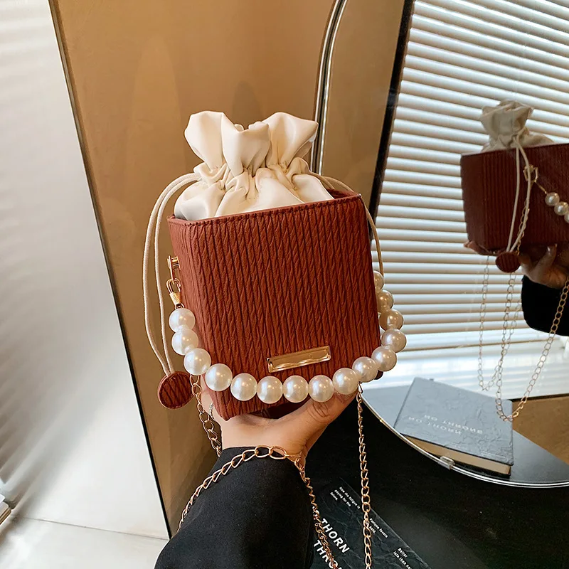 Women New Fashionable Pearl Handheld Bucket Casual Simple Trendy Shaped Shoulder Crossbody bag exquisite Small dainty Super Cute