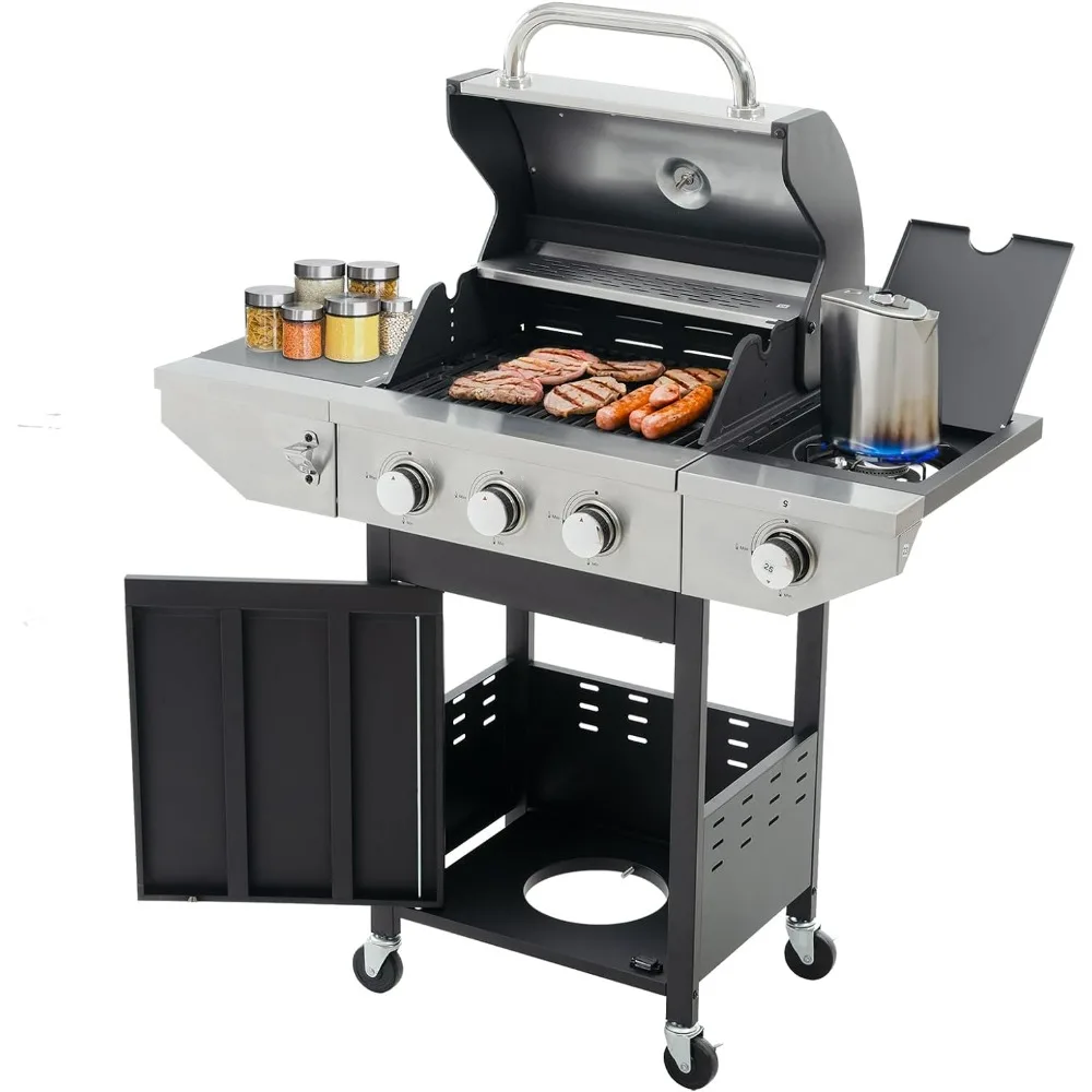 3-Burners Propane Gas Grill Outdoor with Side Burner & Thermometer, Stainless Steel Propane Grill for Outdoor BBQ Grills