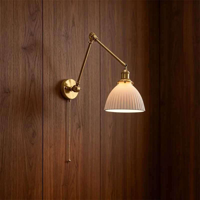 Nordic Pull Chain Switch LED Wall Light Sconces Up And Down Swing Long Arm Brass Ceramic Shade Modern Bedside Lamp Home Decor