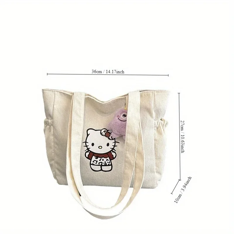 Sanrio Hello Kitty Corduroy Tote Bag Embossed Zipper Casual Shoulder Fashion Handbag Large Capacity Unisex Shopping Shoulder Bag