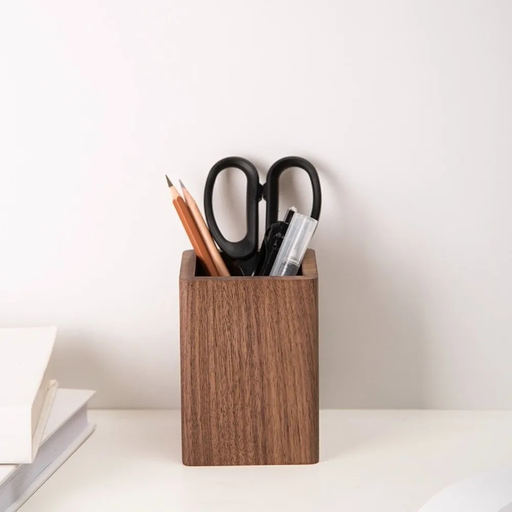Portalápices de madera de haya y nogal, organizador de brochas de maquillaje multiusos de madera de nogal americano, almacenamiento de escritorio simple y liso