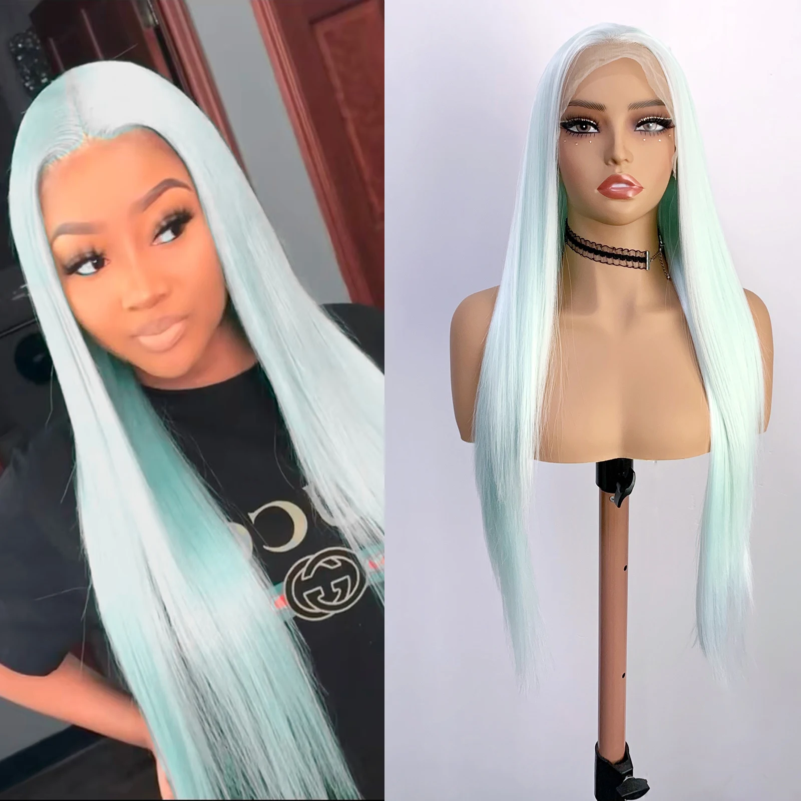 

WIF Pale Green Synthetic Wig Natural Hairline Straight Heat Fiber Lace Front Wig Women Daily Use Free Part pale green Hair