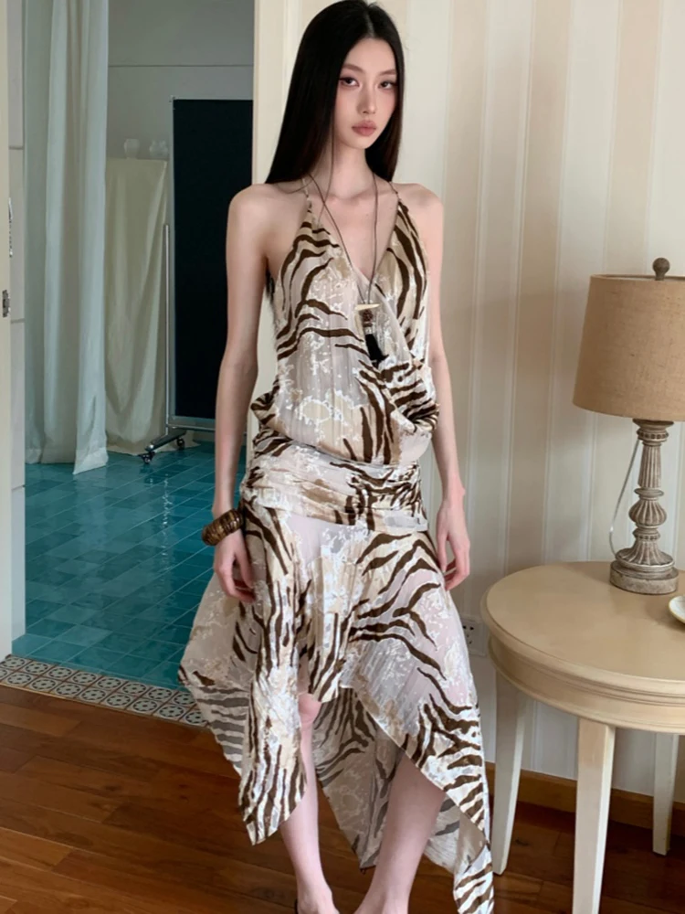 Women Print Striped Chic Pleated Bodycon Neck-mounted Dress Summer Elegant Luxury Ruffled Dress 2026 Korean Casual Festival Robe