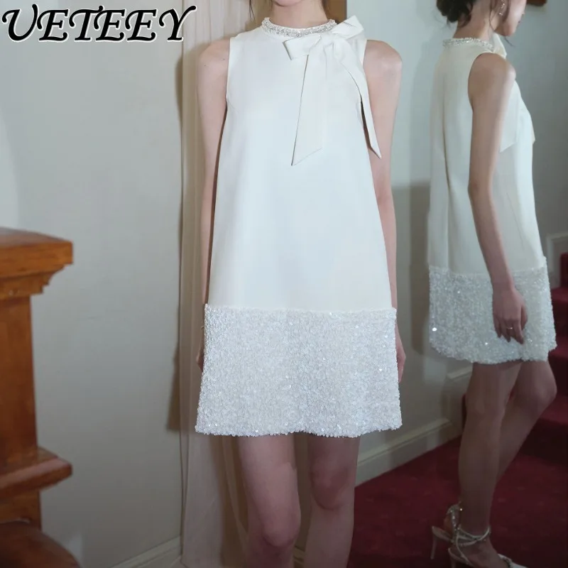 

Бархатное светское элегантное платье ручной работы с бантом и блестками, элегантное платье без рукавов для женщин, новые летние белые универсальные вечерние короткие платья