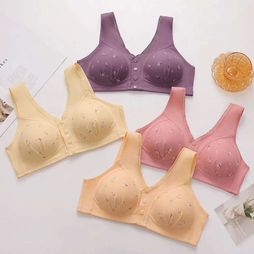 Comfortable Plus Size Women's Flower Bra Ruffle Seamless Wireless Bra Elderly Widen Band Intimates Front Button Bras Lingerie