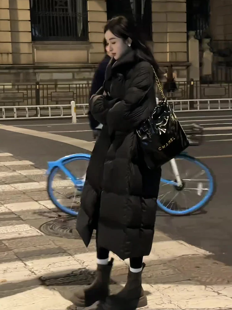 Faionable Thiened Long Bla Du down Jaet Abrigo de invierno con cuello levantado Sli para mujer Commute Sle Du Acolchado de plumas...