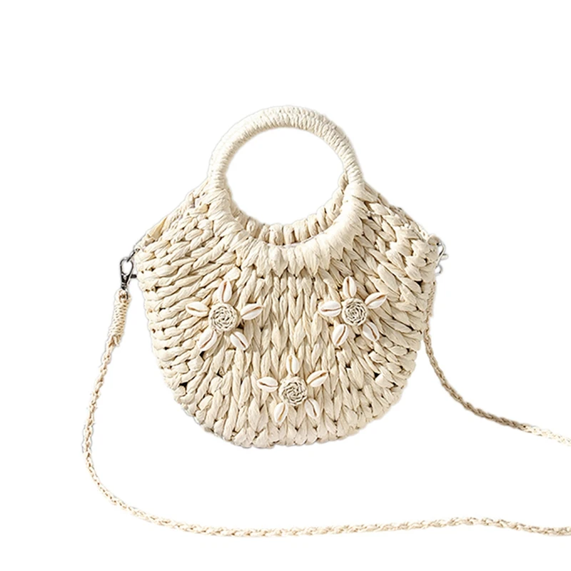 Handmade Half-Round Woven Artificial Straw Bag Women Messenger Crossbody Bags Girls Small Beach Handbag Beige Color